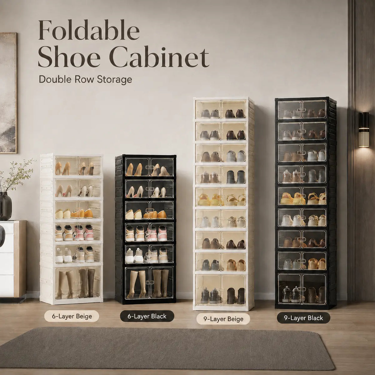 UFORU folding shoe rack, magnetic transparent door shoe cabinet, 9 layers, can store 18 pairs of shoes, simple design, large capacity, sturdy and stackable plastic shoe cabinet, space-saving, no installation required, convenient and practical.