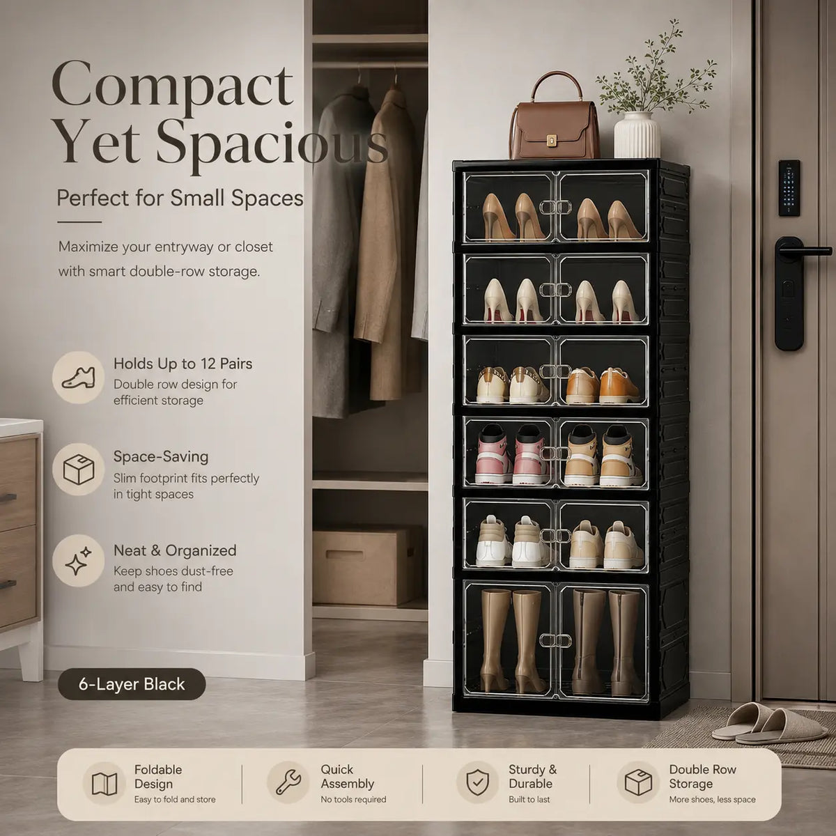 UFORU folding shoe rack, magnetic transparent door shoe cabinet, 9 layers, can store 18 pairs of shoes, simple design, large capacity, sturdy and stackable plastic shoe cabinet, space-saving, no installation required, convenient and practical.