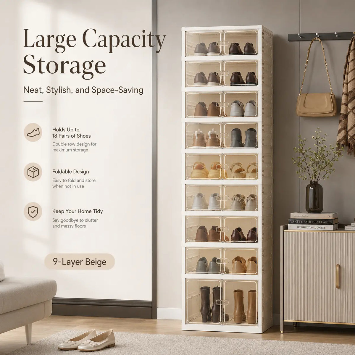 UFORU folding shoe rack, magnetic transparent door shoe cabinet, 9 layers, can store 18 pairs of shoes, simple design, large capacity, sturdy and stackable plastic shoe cabinet, space-saving, no installation required, convenient and practical.