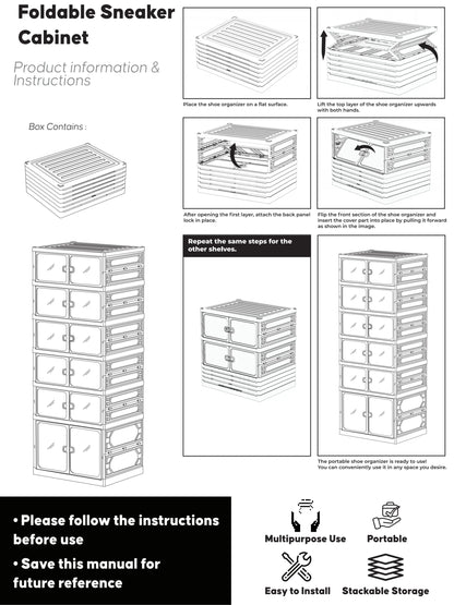 UFORU folding shoe rack, magnetic transparent door shoe cabinet, 9 layers, can store 18 pairs of shoes, simple design, large capacity, sturdy and stackable plastic shoe cabinet, space-saving, no installation required, convenient and practical.