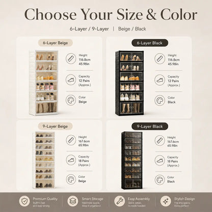UFORU folding shoe rack, magnetic transparent door shoe cabinet, 9 layers, can store 18 pairs of shoes, simple design, large capacity, sturdy and stackable plastic shoe cabinet, space-saving, no installation required, convenient and practical.