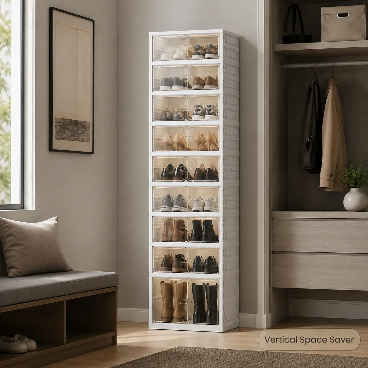 UFORU folding shoe rack, magnetic transparent door shoe cabinet, 9 layers, can store 18 pairs of shoes, simple design, large capacity, sturdy and stackable plastic shoe cabinet, space-saving, no installation required, convenient and practical.