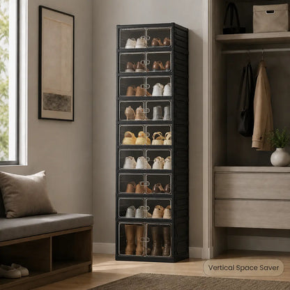UFORU folding shoe rack, magnetic transparent door shoe cabinet, 9 layers, can store 18 pairs of shoes, simple design, large capacity, sturdy and stackable plastic shoe cabinet, space-saving, no installation required, convenient and practical.